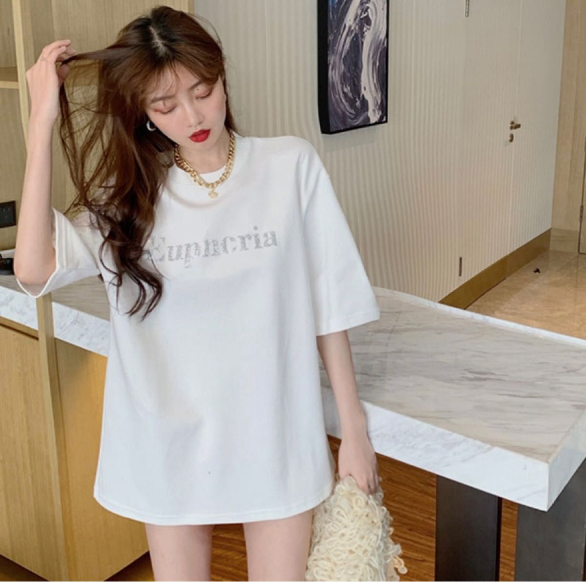 Ｌ　白T  ロゴT  韓国　半袖　レディース　Tシャツ　トップス　オーバーサイズ