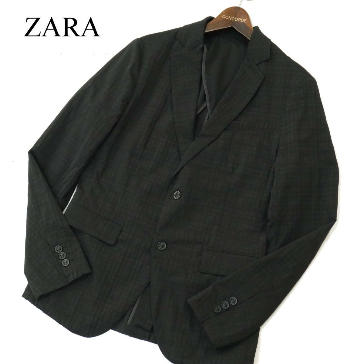 ZARA ザラ マン 現行タグ 春夏～通年 背抜き ナイロン チェック アンコン テーラード ジャケット ブレザー Sz.46　メンズ 黒　A3T06282_6#O_画像1