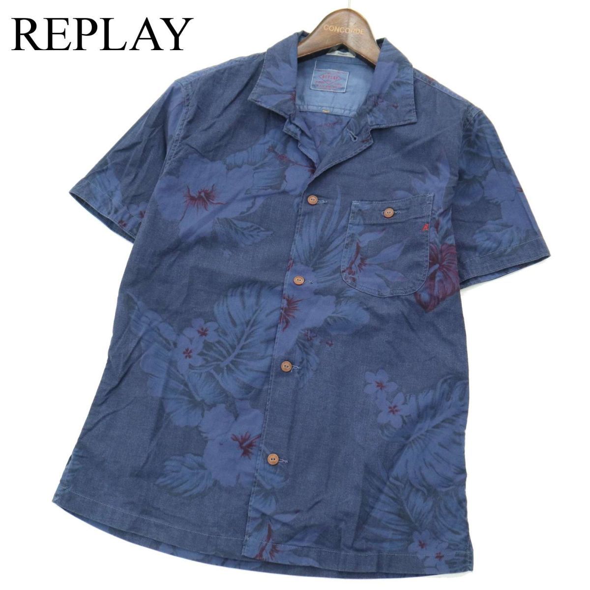 REPLAY リプレイ 春夏 花 フラワー 総柄★ 半袖 オープンカラー ワーク シャツ Sz.S　メンズ ネイビー　A3T07535_6#A_画像1