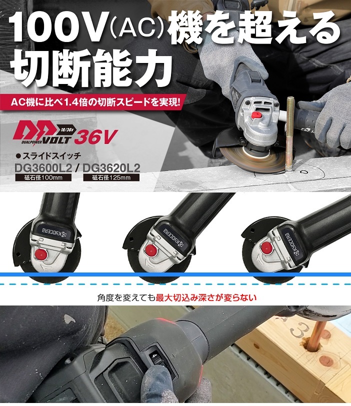 京セラ DG3620 36V-125mm充電式ディスクグラインダ－ AC機並みのハイパワ－ スライドスイッチ 本体のみ バッテリ・充電器別売 新品_画像2