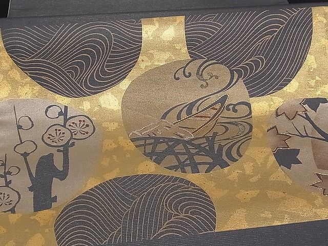 美品 正絹 袋帯 金糸 波 片輪車 疋田 七宝 紗綾形 源氏車 超格安