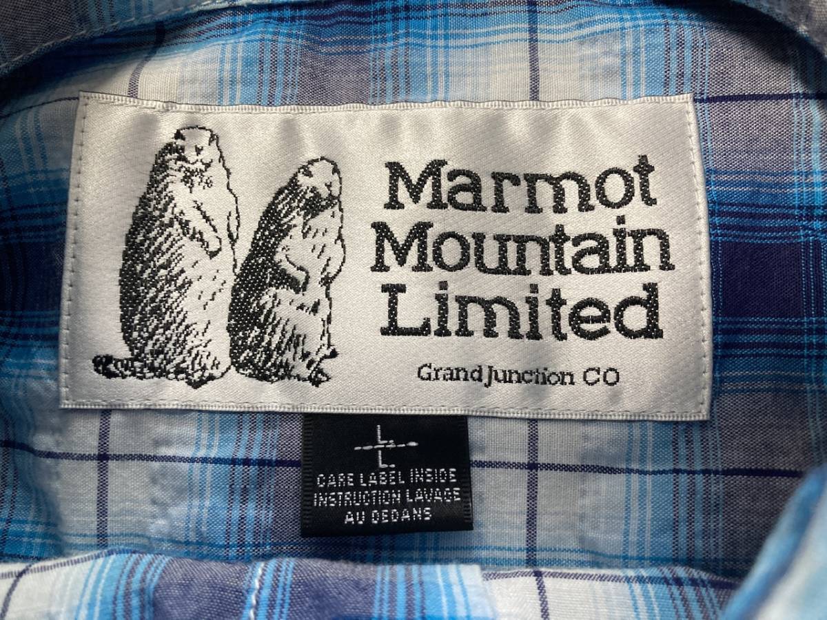 *Marmot Marmot check pattern short sleeves shirt L blue navy white soccer cloth dry cool 