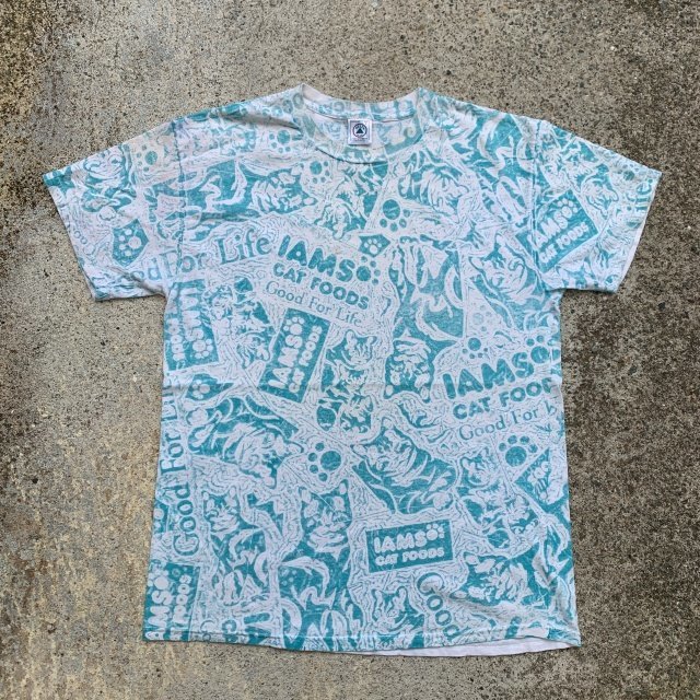 L】90s-2000s DELTA 猫 総柄 プリントTシャツ 白×青□ビンテージ