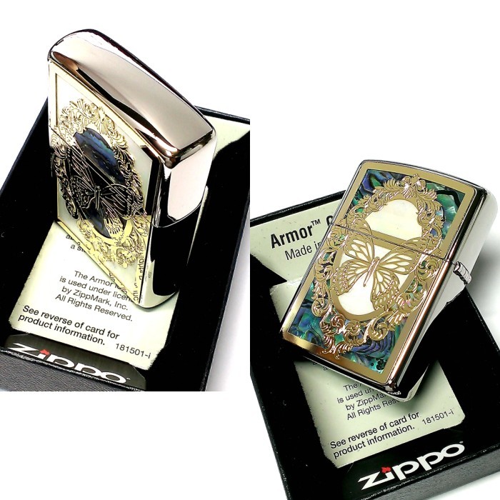 ZIPPO ライター アーマー ジッポ バタフライ 蝶 金銀 コンビシェル 天然貝 シェル 繊細彫刻 両面加工 重厚モデル 可愛い おしゃれ ギフト_画像7