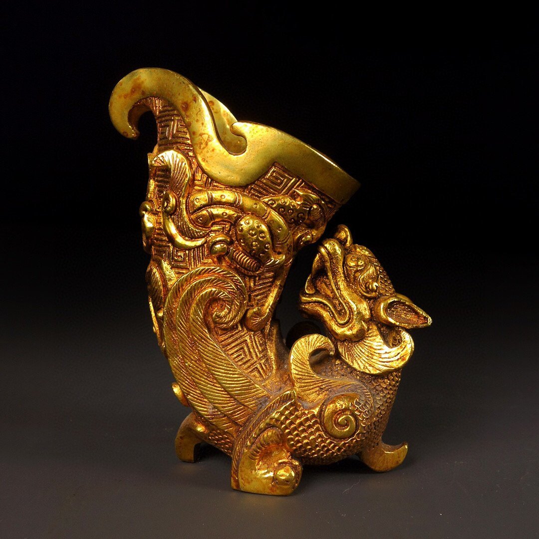◆古寳堂◆漢 銅製 塗金 神獣爵杯 置物 賞物 極細工 古置物 古擺件 中国古美術 時代物 古董品