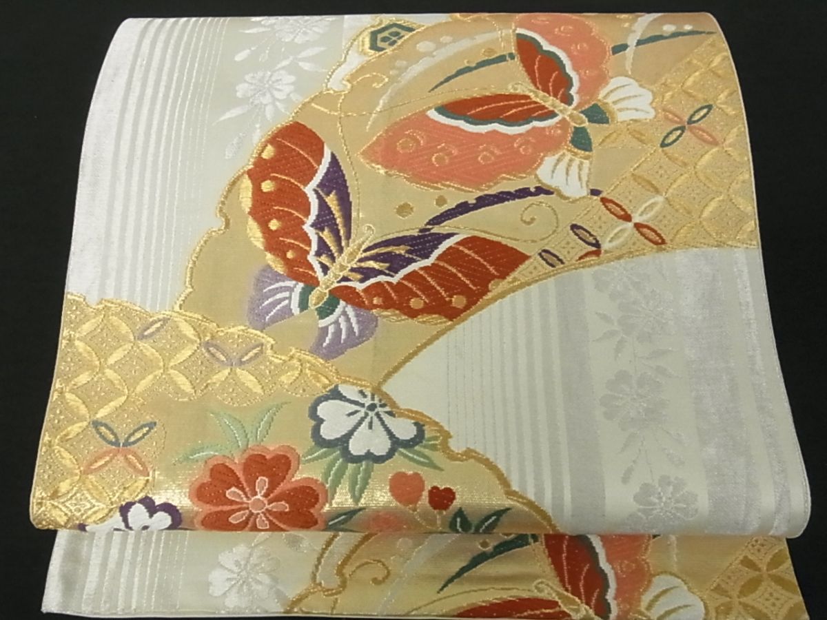 花美人□六通柄袋帯 雪芝吉祥花蝶文 金銀糸 逸品 qp0266 - 女性和服、着物