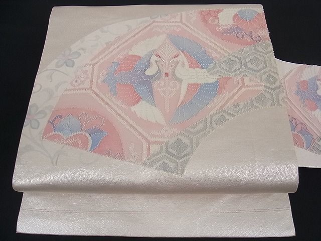花美人□中国三大刺繍相良刺繍九寸名古屋帯吉祥飛鶴花文銀糸逸品ox1133