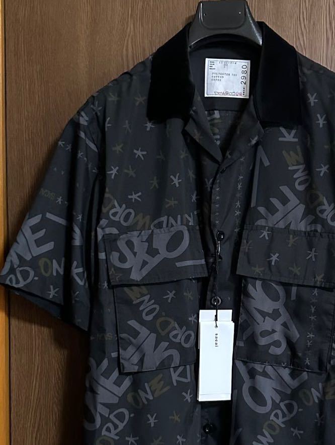 黒3新品 sacai サカイ メンズ Eric Haze バンダナ プリント 半袖シャツ オープンカラー 23SS size 3 L 半袖 Tシャツ  カットソー ブラック