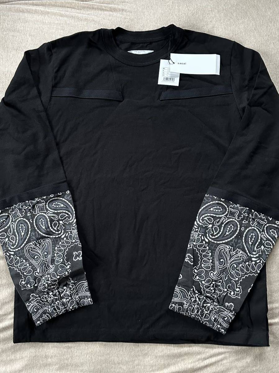 黒4新品 sacai サカイ メンズ 再構築 ペイズリー 切り替え ロング Tシャツ 長袖 22SS size 4 XL 黒 スウェット ロンT  ブラック