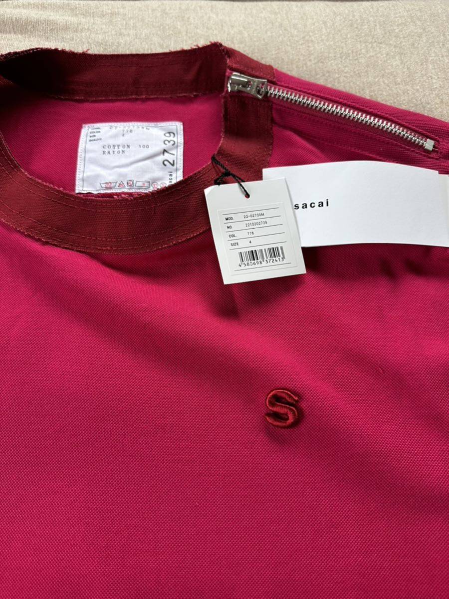 4新品 sacai サカイ メンズ ブランドロゴ パッチ ジップ Tシャツ 22SS size 4 XL 半袖 カットソー フューシャ ピンク