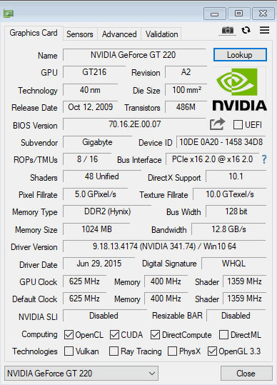 中古グラフィックカード 表示確認済 WinXP～Win10 ★ GIGABYTE GV-N220D2-1GI GDDR2 128B 1GB GeForce GT 220 VGA/DVI/HDMI #382-K_画像4