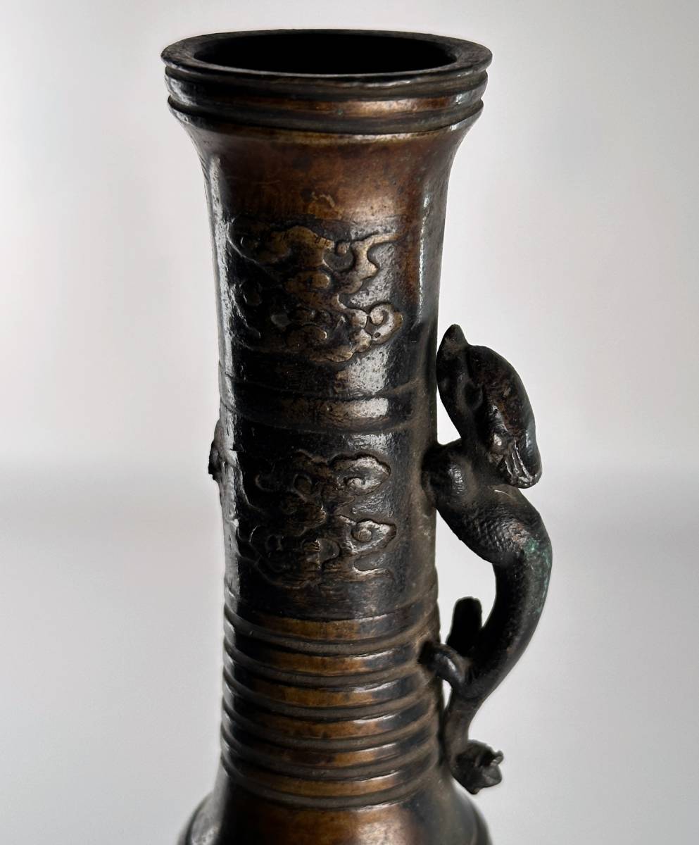 時代物 古銅龍耳花鳥紋花瓶 在銘品 花器 コレクター収蔵品! 直径8cm