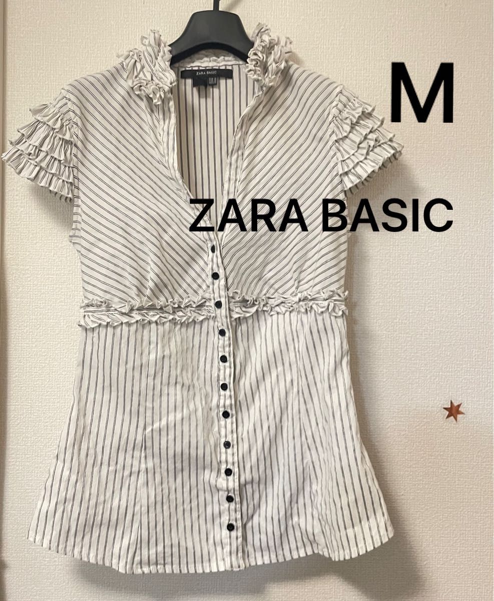 値下げ 美品 ZARA BASIC 開襟 首元 フリル ブラウス M ストライプ柄 開衿 ザラ ベーシック 半袖 ホワイト 白