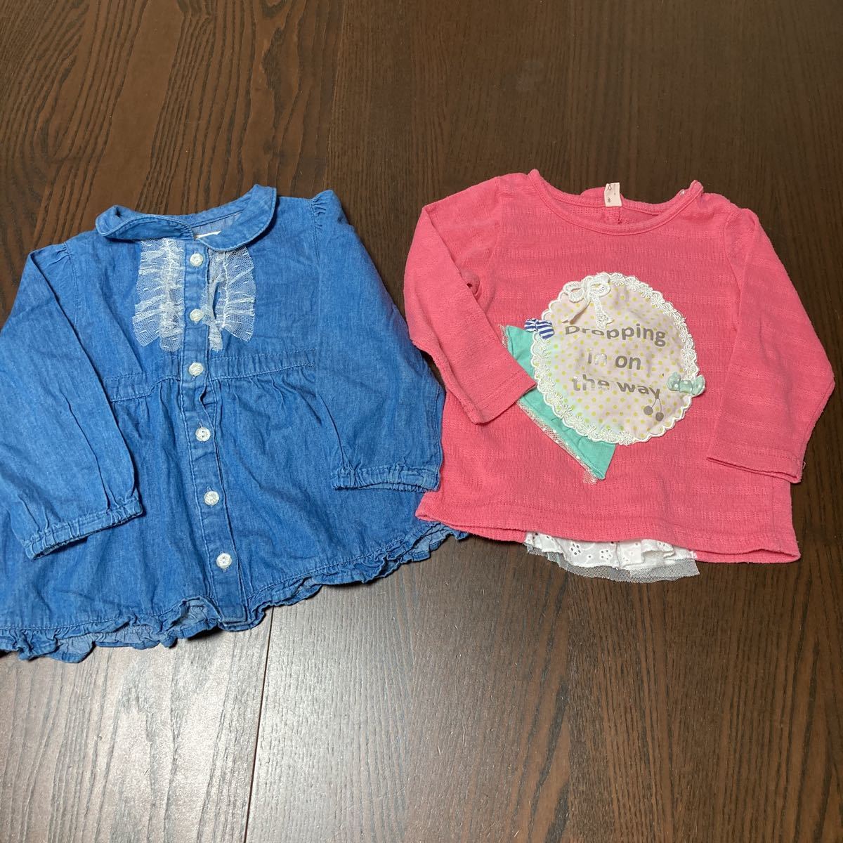 中古　キッズ女の子　トップス　2枚セット　シャツ　カットソー　サイズ90㎝ ブルー　ピンク　キムラタン_画像1