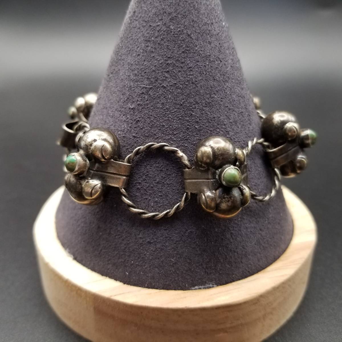メキシコ 925 シルバー バブル 球 ヴィンテージ ブレスレット リング連結(jié) 銀 ターコイズ アクセント レトロ バングル Y6-5
