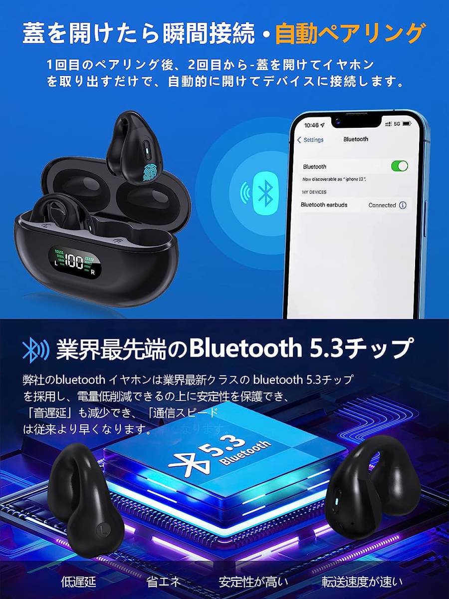 ワイヤレスイヤホン イヤーカフ型 イヤホン【次世代OWSイヤホン】【骨伝導イヤホンより進化】耳挟み式 Bluetooth5.3 空気伝導イヤホン_画像7