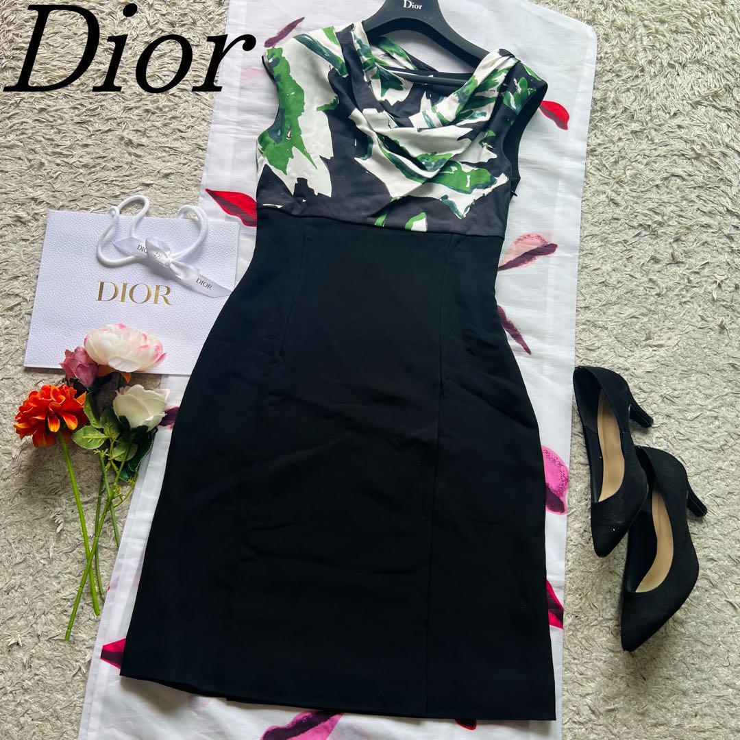 【美品】Christian Dior ドッキングワンピース ブラック グリーン クリスチャンディオール 黒 ノースリーブ フレンチスリーブ 黒 緑