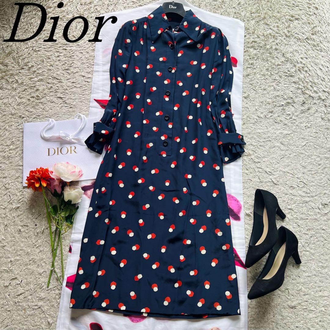 【良品】Christian Dior 総柄シャツワンピース ネイビー 長袖 5 クリスチャンディオール ロングスリーブ えり 襟_画像1