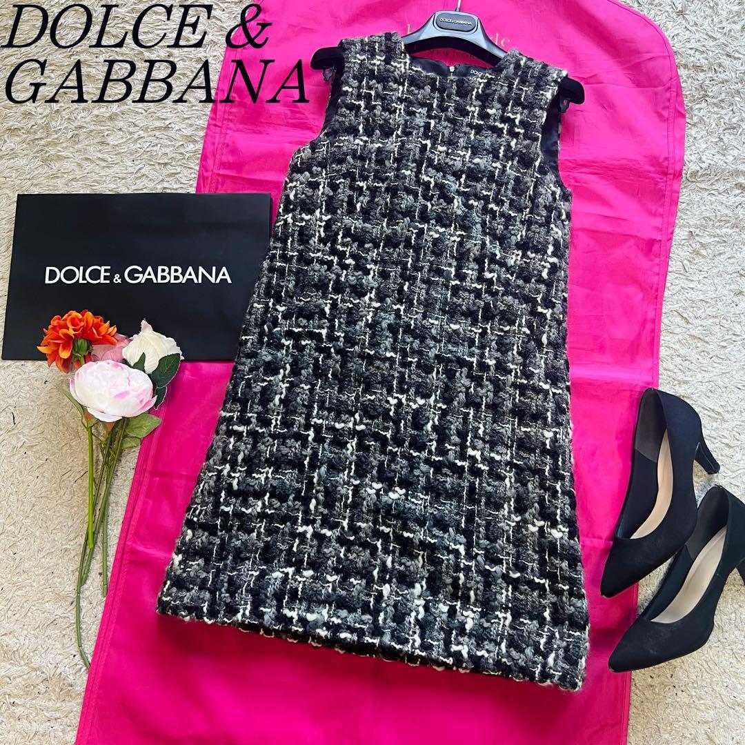 【美品】DOLCE&GABBANA ツイードワンピース グレー 36 膝丈 ドルチェアンドガッバーナ S ノースリーブ Aライン