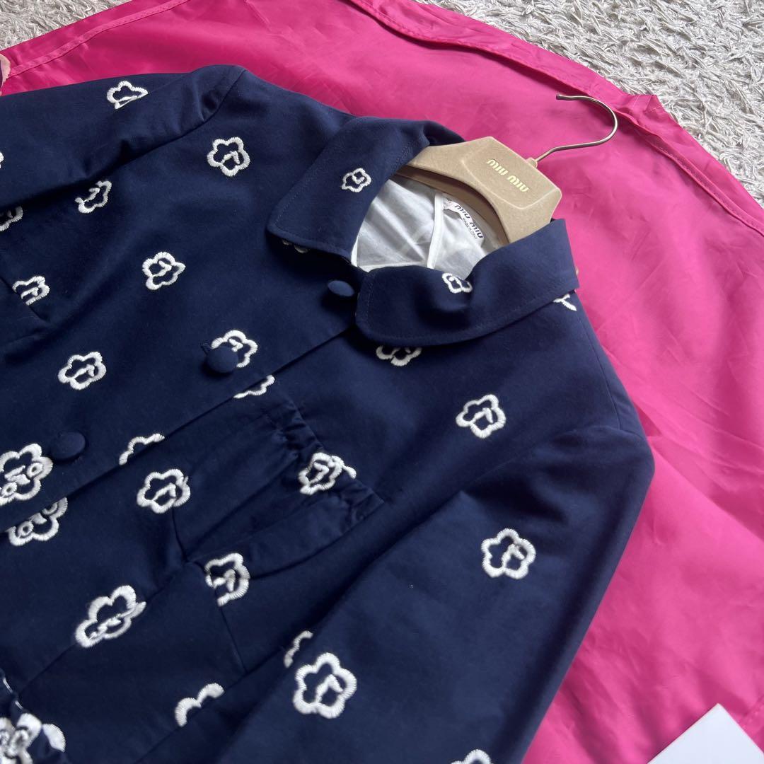美品】MIU MIU 刺繍ジャケット ネイビー 40 襟 ミュウミュウ L 紺