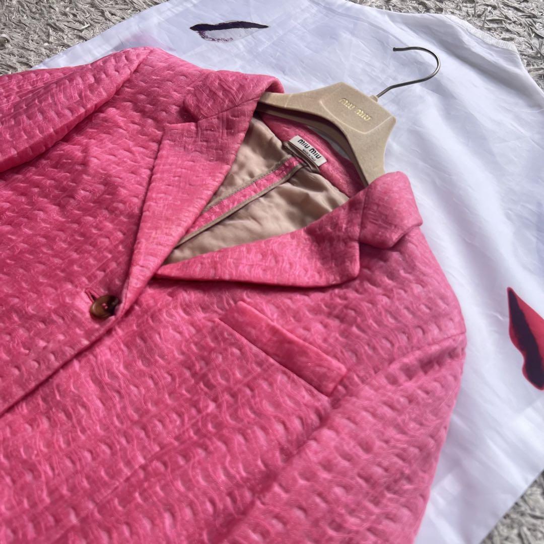 良品】MIU MIU ジャケット ピンク 40 襟 ミドル丈 ライトアウター
