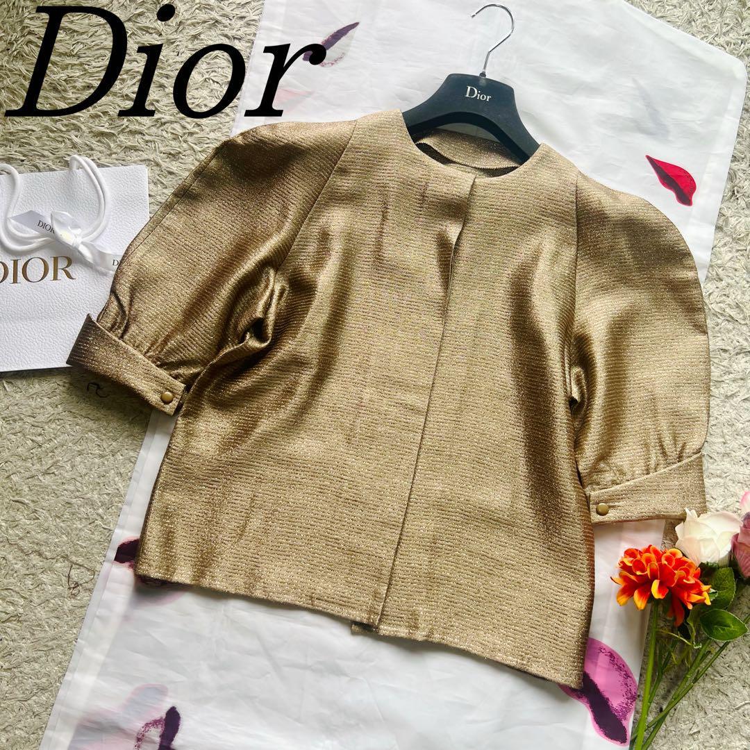 【美品】Christian Dior ノーカラージャケット ベージュ 7 S クリスチャンディオール 半袖ジャケット ハーフスリーブ