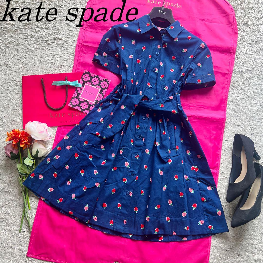 良品】kate spade いちご柄シャツワンピース ネイビー 半袖 S ケイト 