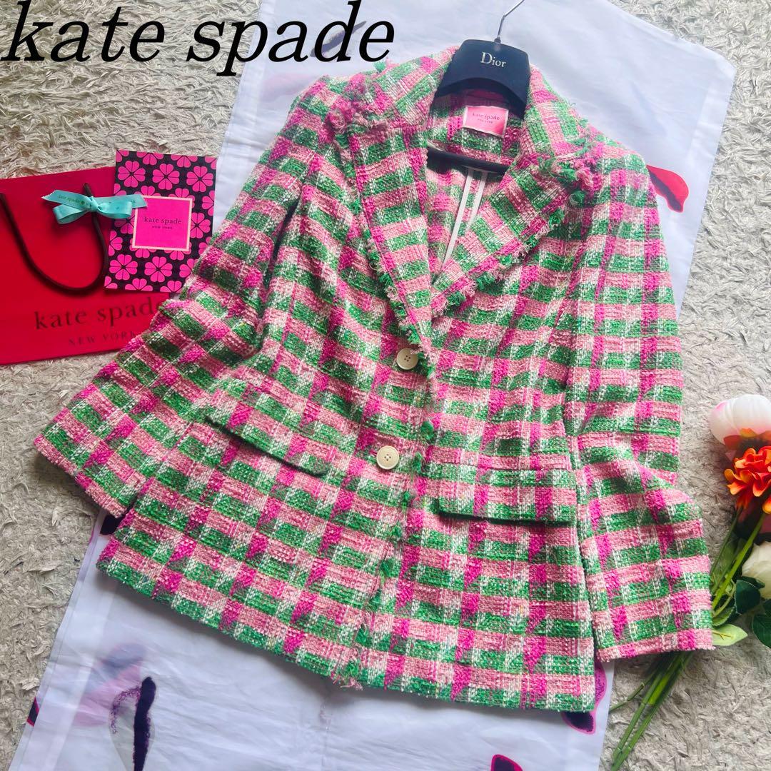 【美品】kate spade チェック柄ミドルジャケット 2 M グリーン ケイトスペード ピンク 黄緑 えり 襟 衿 ミドル丈 総柄 ツーボタン