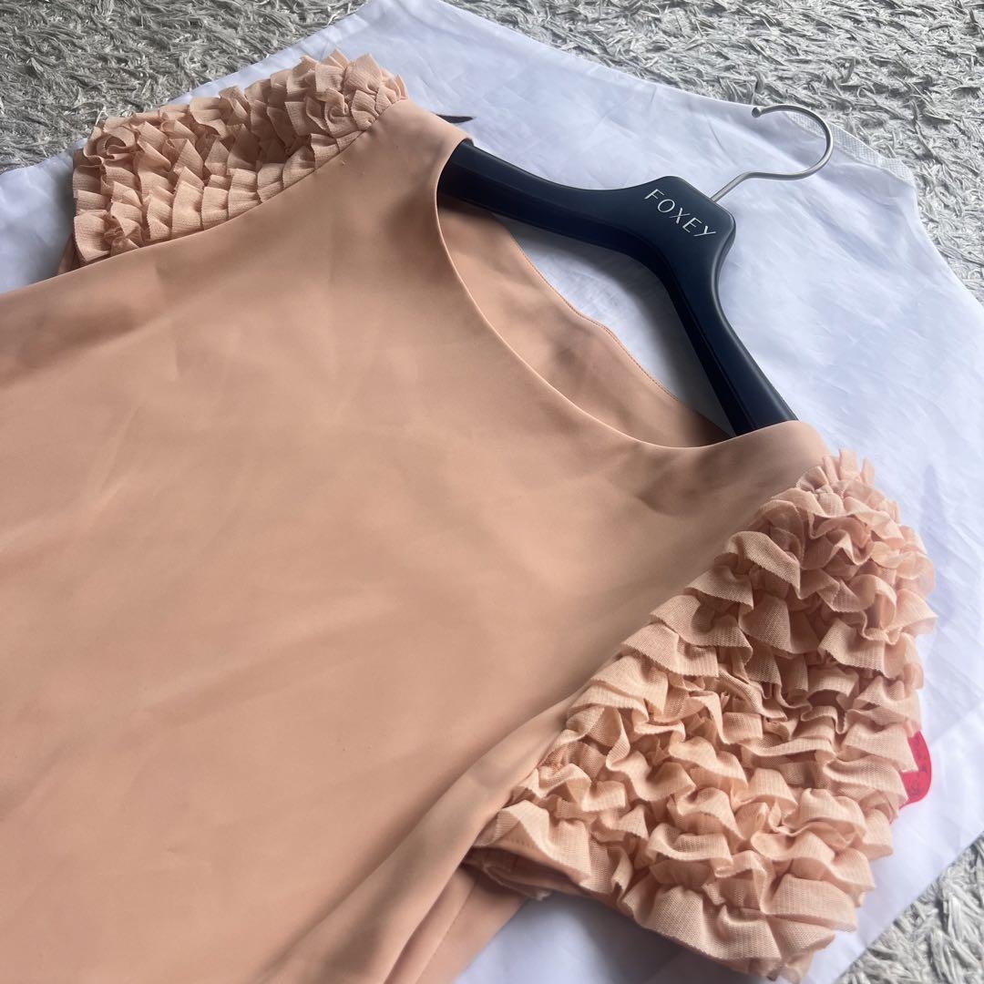 美品】FOXEY NEW YORK 袖フリルワンピース オレンジ 40 フォクシー