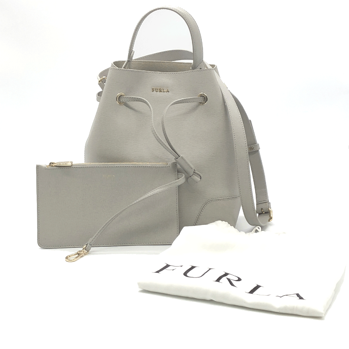 FURLA フルラ 2Way ハンドバッグ グレー レザー ステイシー 巾着_画像10