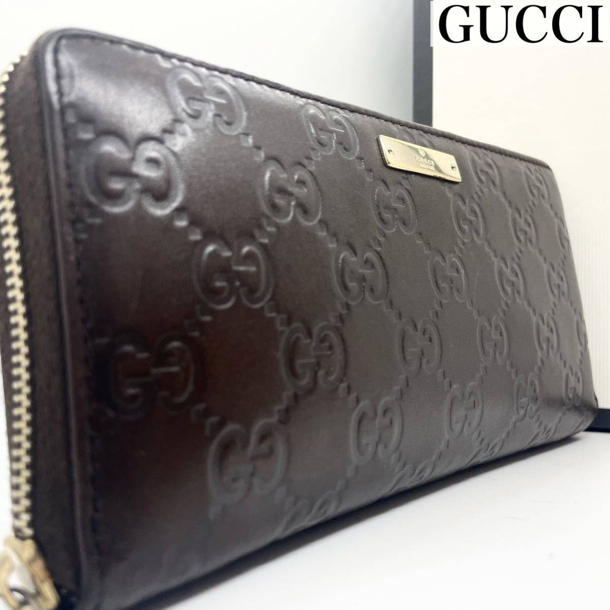 1円〜 極美品GUCCI グッチメンズビジネス長財布ラウンドファスナーシマ