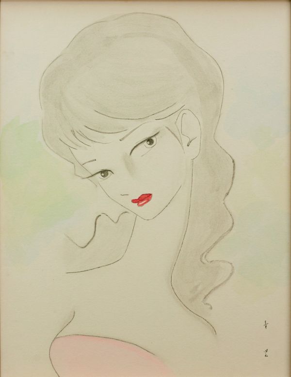模写【東郷青児】水彩 肉筆『婦人像』表サイン 共シール F6号 額装
