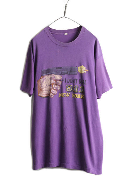 80s USA製 大きいサイズ XXL ★ 警告 メッセージ プリント Tシャツ ( メンズ 2XL ) 古着 80年代 ビンテージ 紫 イラスト シングルステッチ
