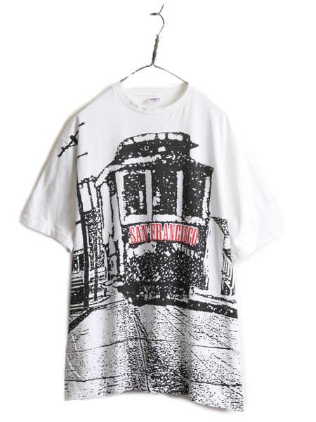 90s USA製 ★ サンフランシスコ オールオーバー プリント Tシャツ メンズ XL / 90年代 オールド Crazy Shirt 総柄 大判 アート イラスト 白