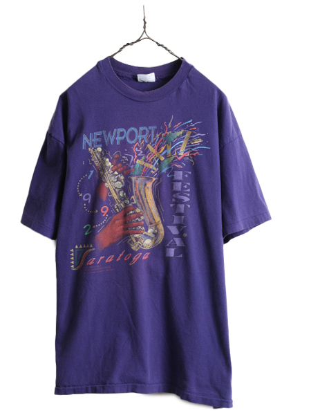 90s USA製 ★ ジャズ フェスティバル アート プリント 半袖 Tシャツ メンズ XL / 90年代 JAZZ 当時物 イラスト バンド シングルステッチ 紫