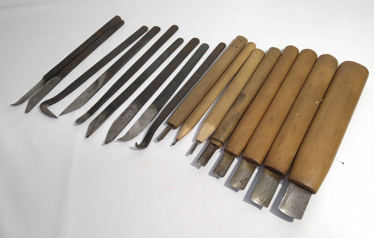 ▽彩国▽ジャンク 中古▽彫刻刀 まとめて 17本▽刃横幅3mm~24mm発60