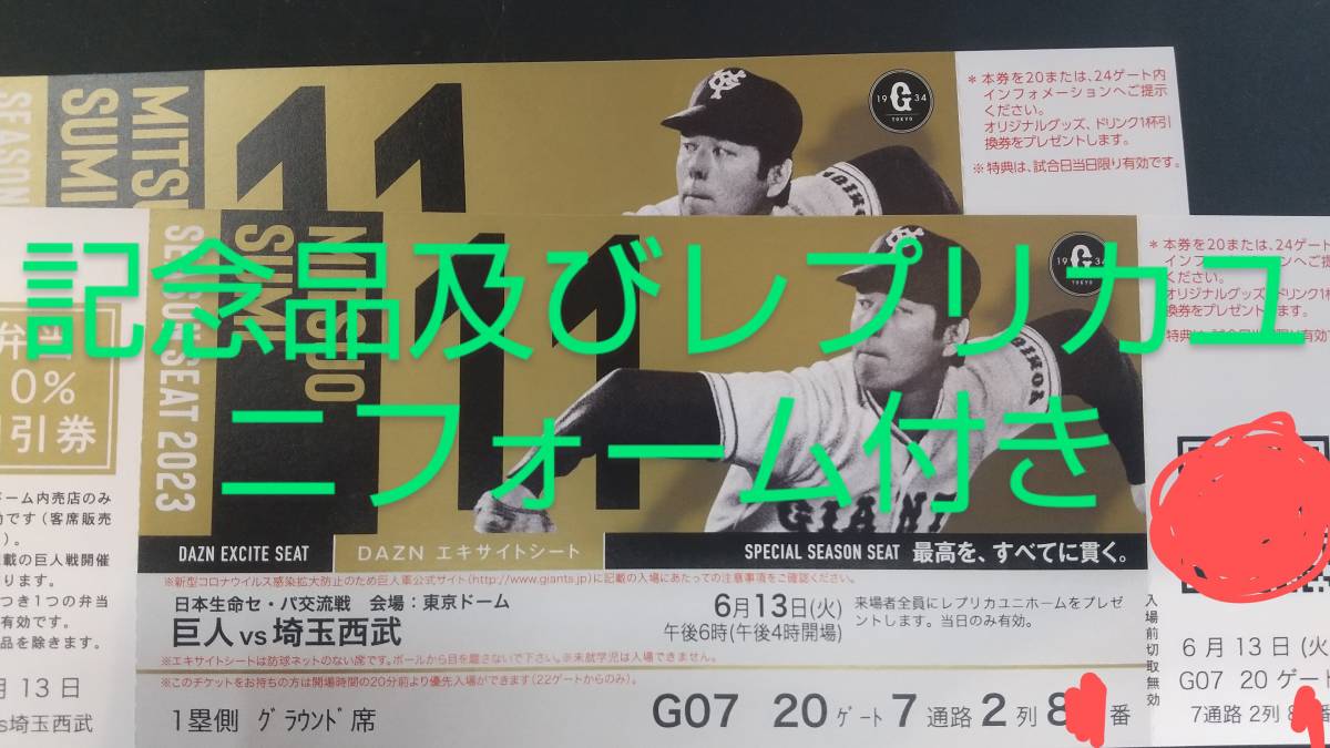  could do!6/13( fire ) Tokyo Dome . person vs Seibu 1.eki site seat 2 name pair replica uniform distribution letter pack post service light included 