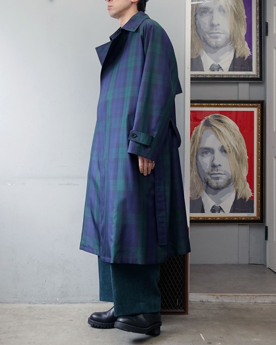 23ss Blanc ym SILK BLACK WATCH WRAP TRENCH COAT ( BLUEGREEN