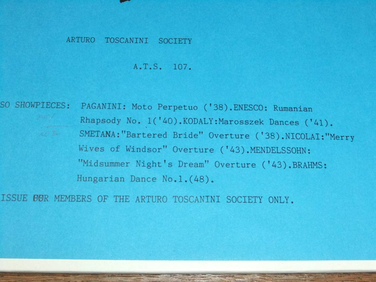 ◆廃盤　トスカニーニ協会会員限定盤　ヴィルトゥオーゾ・ショウピース集　パガニーニ、エネスコ、コダーイ、スメタナ、ニコライ　美品_画像2