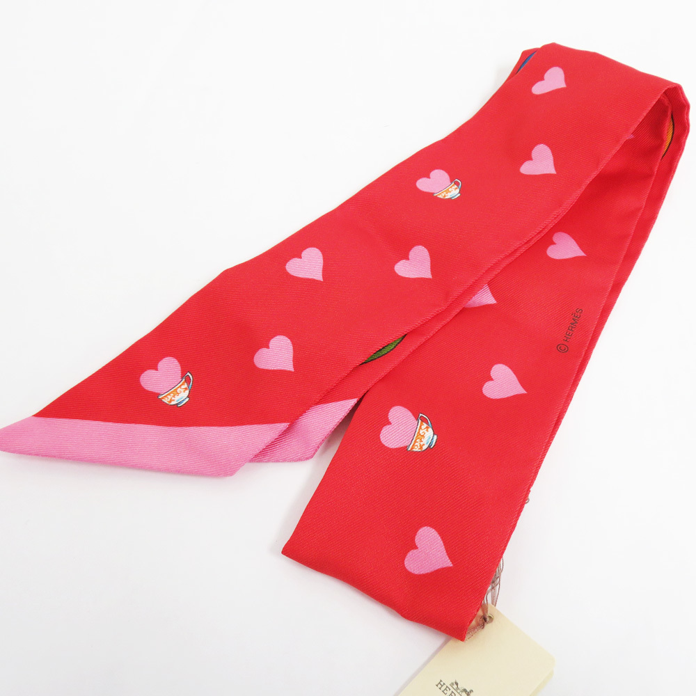 【名古屋】ルメス ツイリー ティータイム レッド ハート柄 マルチカラー シルク 100％ スカーフ 赤 ピンク 小物 未使用_画像3
