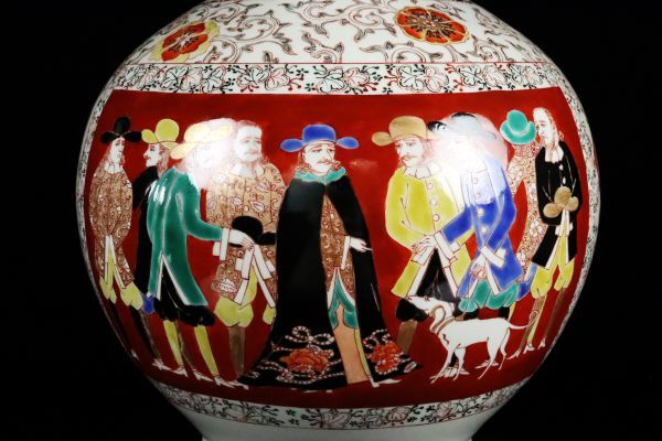江戸時代 古伊万里 色絵 南蛮人五艘船図大花瓶 特大65cm 飾壺 旧家蔵