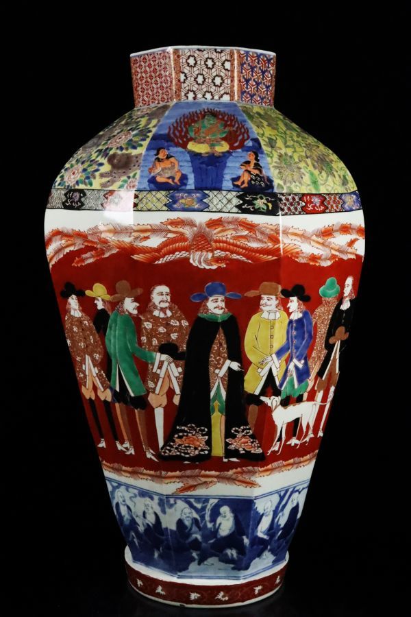 江戸時代 里帰り品 VOC 古伊万里 色絵 南蛮人五艘船図面取り六角型大