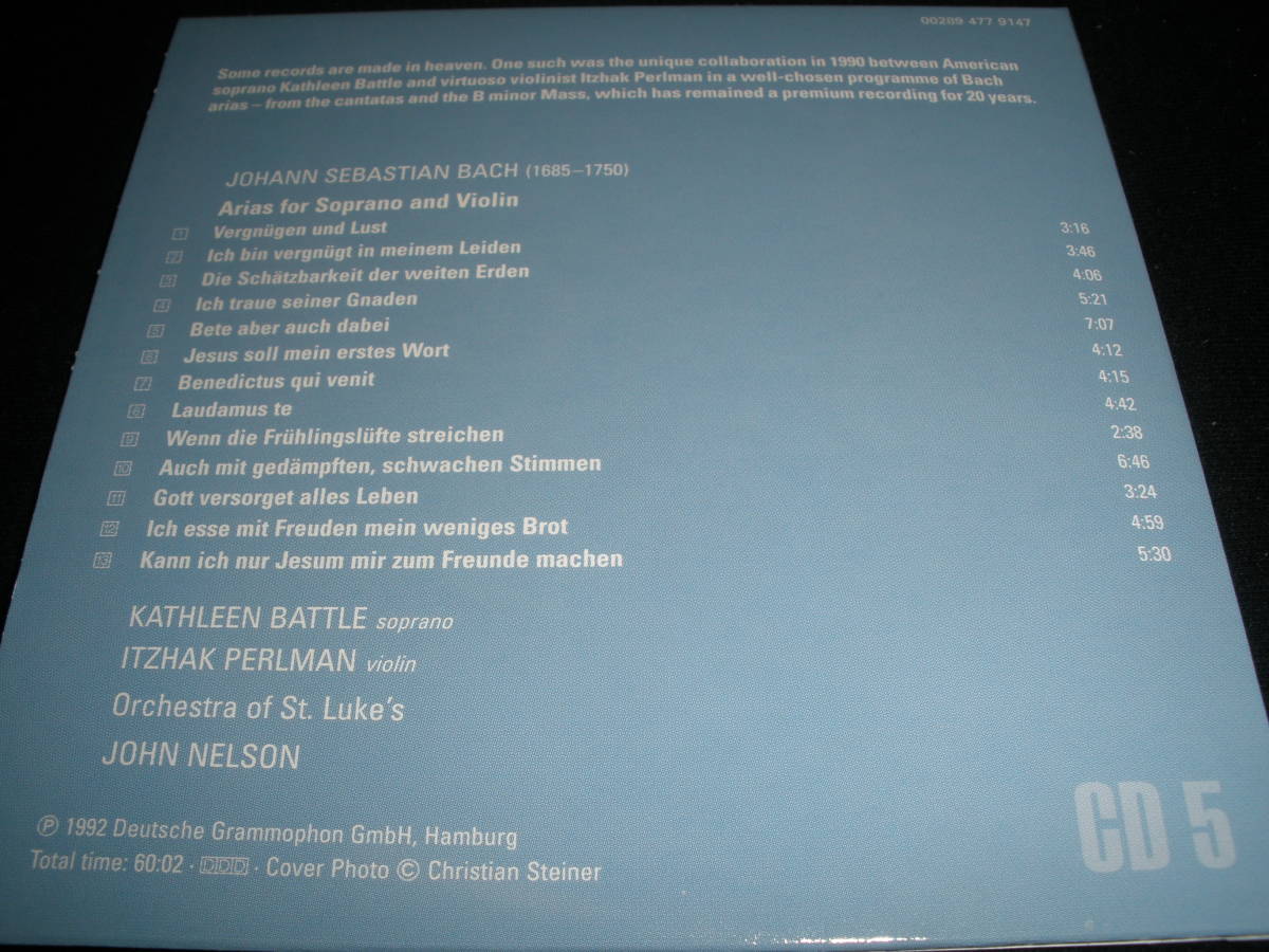 バトル パールマン バッハ カンタータ ミサ曲 ソプラノ ヴァイオリン アリア 春 そよ風 カンタータ 聖ルカ管 紙 Bach Arias Battle Perlman_バトル パールマン バッハ カンタータ ミサ