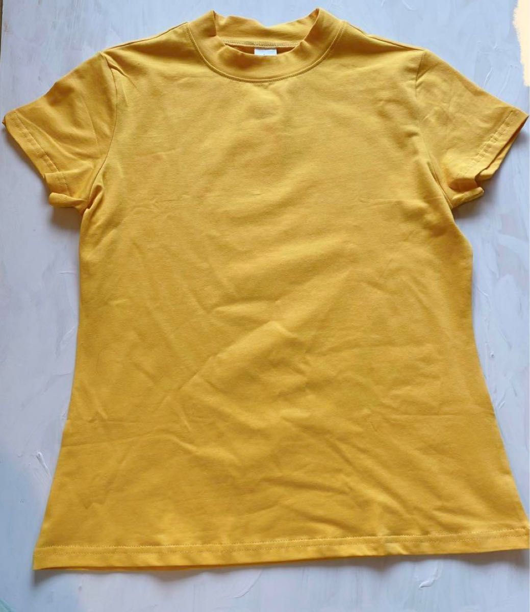 トップス Tシャツ ハイネック タイト イエロー 大人 可愛い シンプル 無地 半袖 レディース Lサイズ レイヤード インナー 