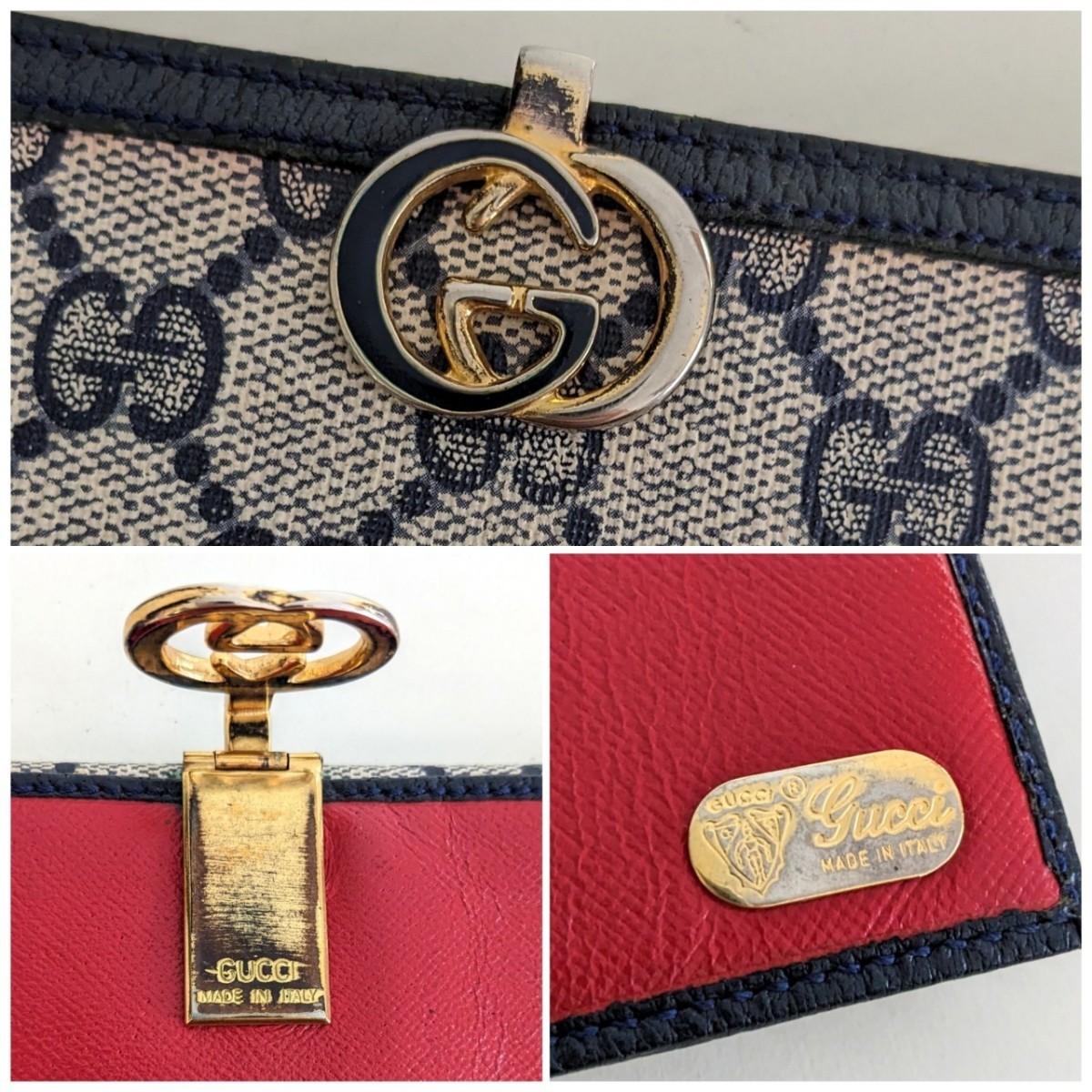 良品 GUCCI オールドグッチ ヴィンテージ レザー 長財布 GG 柄 ウォレット グレー 赤 レッド アンティーク ゴールド レディース メンズ