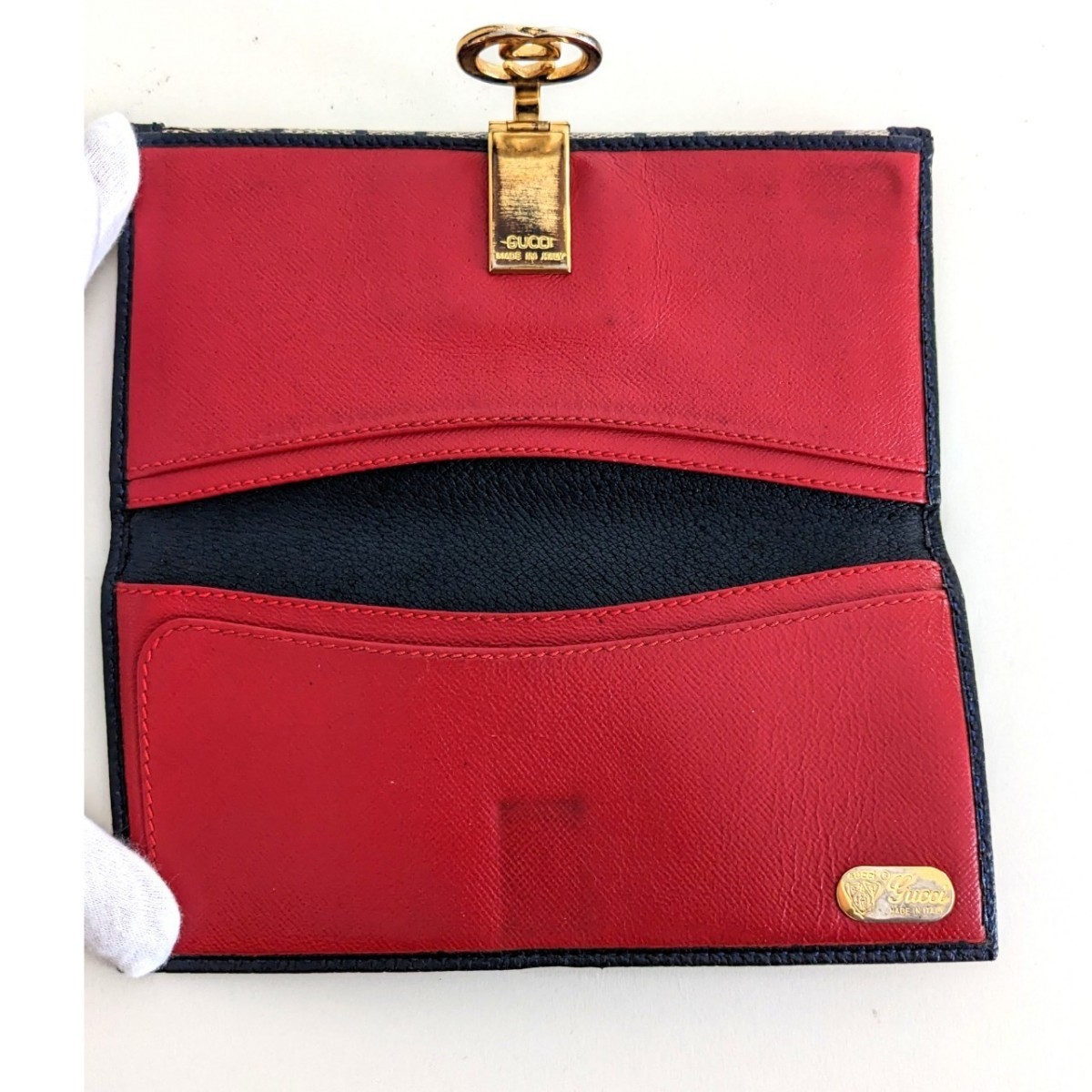 ✨希少✨ 良品 GUCCI オールドグッチ ヴィンテージ レザー 長財布 GG 柄 ウォレット グレー 赤 レッド アンティーク ゴールド  ファッション ブランド別 く