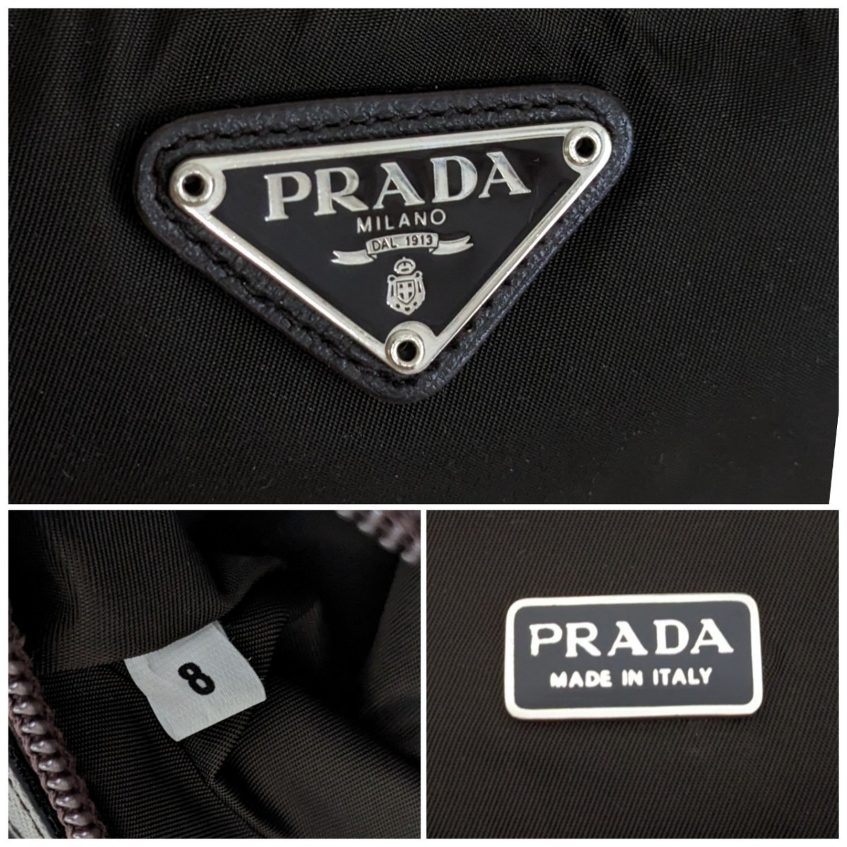 美品 PRADA プラダ ナイロン サフィアーノ レザー バッグ ポーチ バニティ ポシェット 鞄 オリーブ カーキ ブラウン レディース メンズ