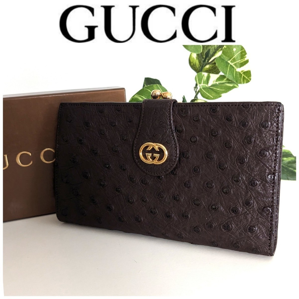  не использовался * GUCCI Old Gucci Ostrich кожа камыш . кошелек Vintage натуральная кожа бумажник Brown Gold женский мужской 