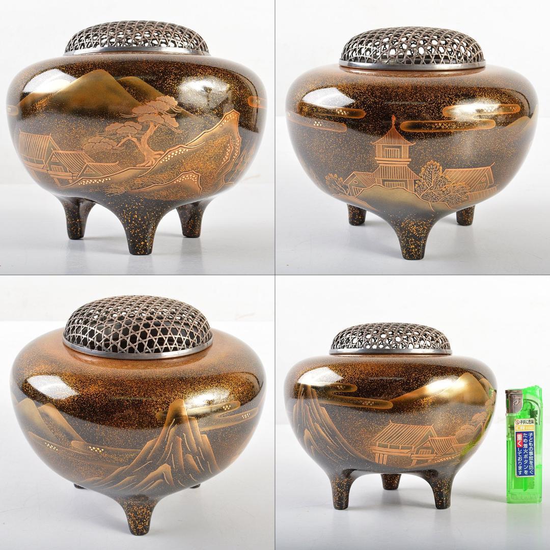 輪島塗 山水蒔絵 三足香炉 純銀火屋 約61g H R5626 | normanhubbard.com
