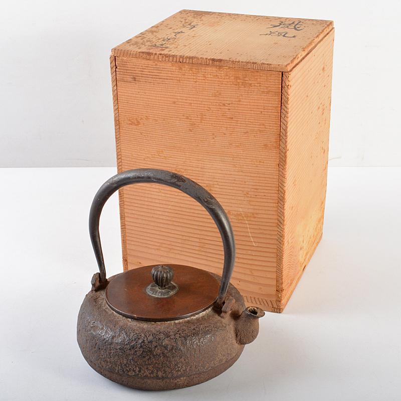 煎茶道具 祥雲堂造 持手象嵌 班紫銅蓋 柚子肌鉄瓶 鉄釜 共箱 G R5649